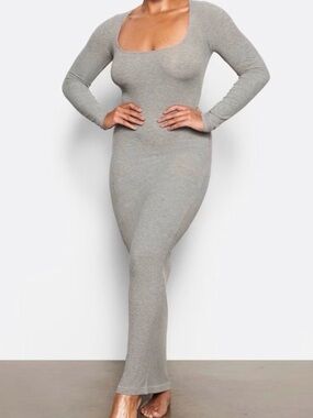 SKIMS soft Lounge gray soft rib maxi dress long sleeves M